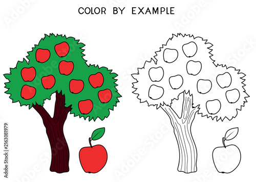 Coloring page with apple tree and apple fruit