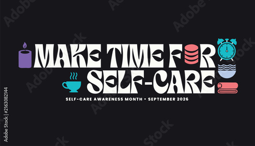Vibrant self care typography poster design with colorful wellness lifestyle icons
