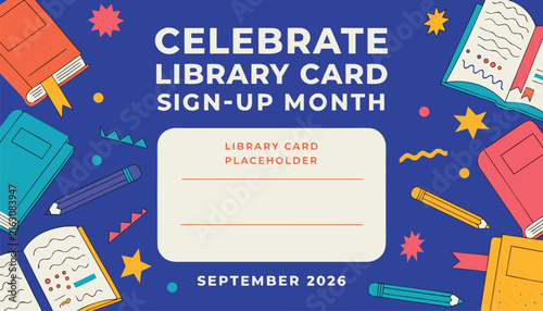 Colorful flat illustration celebrating national library card sign up month event