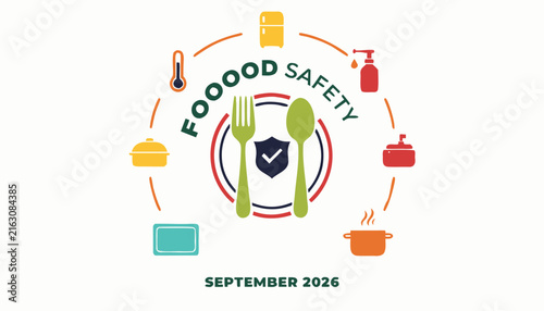 Circular food safety education emblem featuring colorful kitchen equipment icon symbols