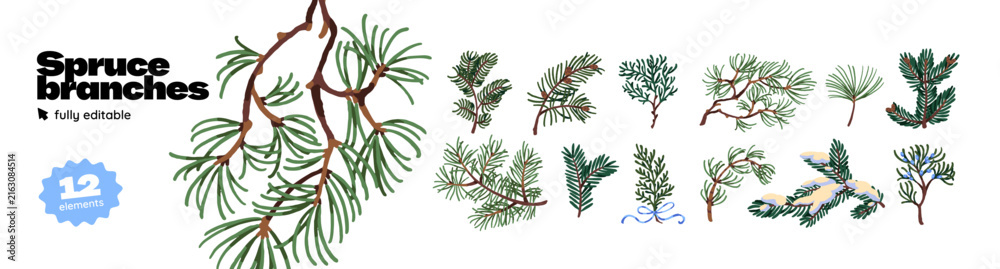 Fototapeta premium Spruce branches set. Twigs of evergreen trees with snow, bow and decor. Sprigs of pine and firs with green needles. Forest plants with cones. Flat isolated vector illustrations on white background