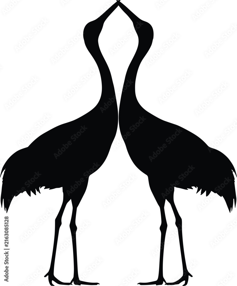 Naklejka premium Symmetrical silhouette of two cranes facing each other with touching beaks symbolizing harmony, love, and artistic balance