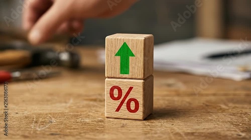 Hands stacking wooden cubes with percent and arrow symbols