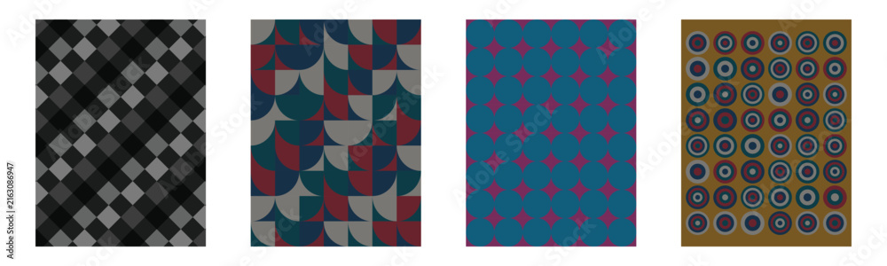 Fototapeta premium Set of four geometric patterns with squares, circles, and abstract shapes in various modern color palettes