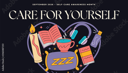 Self care awareness month illustration featuring relaxing items in heart shape