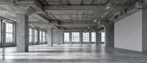 Obraz na płótnie Empty industrial loft interior with concrete columns, large windows and open workspace