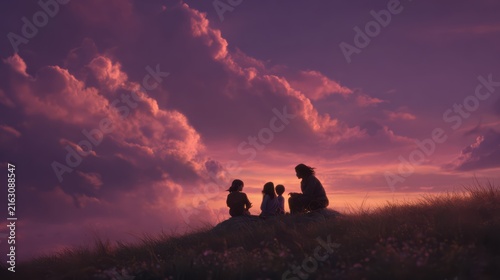 A shot where the family is lit by the setting sun on a hill, features still visible, looking at each other, wind in hair, warm purple and orange sky, emotional and cinematic