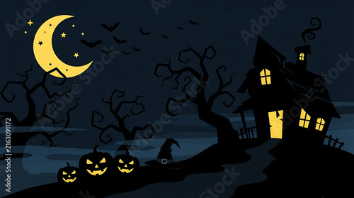 Halloween night scene with jack o lanterns and haunted house under a full moon