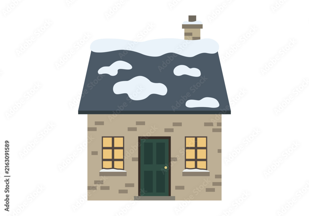 Fototapeta premium Pequeña casa de piedra con tejado nevado chimenea y ventanas iluminadas