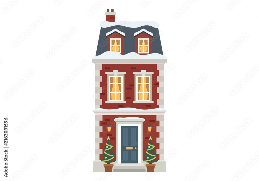 Fototapeta premium Edificio alto de ladrillo con nieve en el tejado y árboles de navidad decorados en la entrada