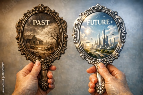 A person holds a mirror with the words 'past' and 'future' written on it