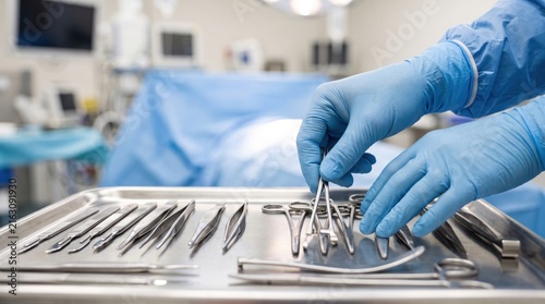 Professional Medical Surgeon Preparing Sterile Surgical Instruments on a Stainless Steel Tray in an Operating Room