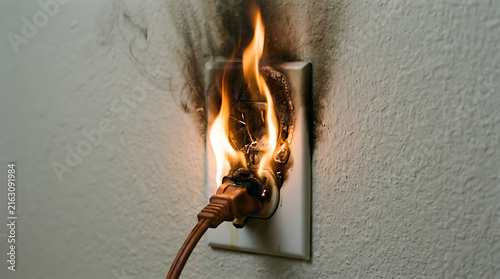 Electrical outlet catching fire with flames and smoke on a wall showing a dangerous short circuit hazard and risk of house damage from faulty wiring equipment in a home or office environment