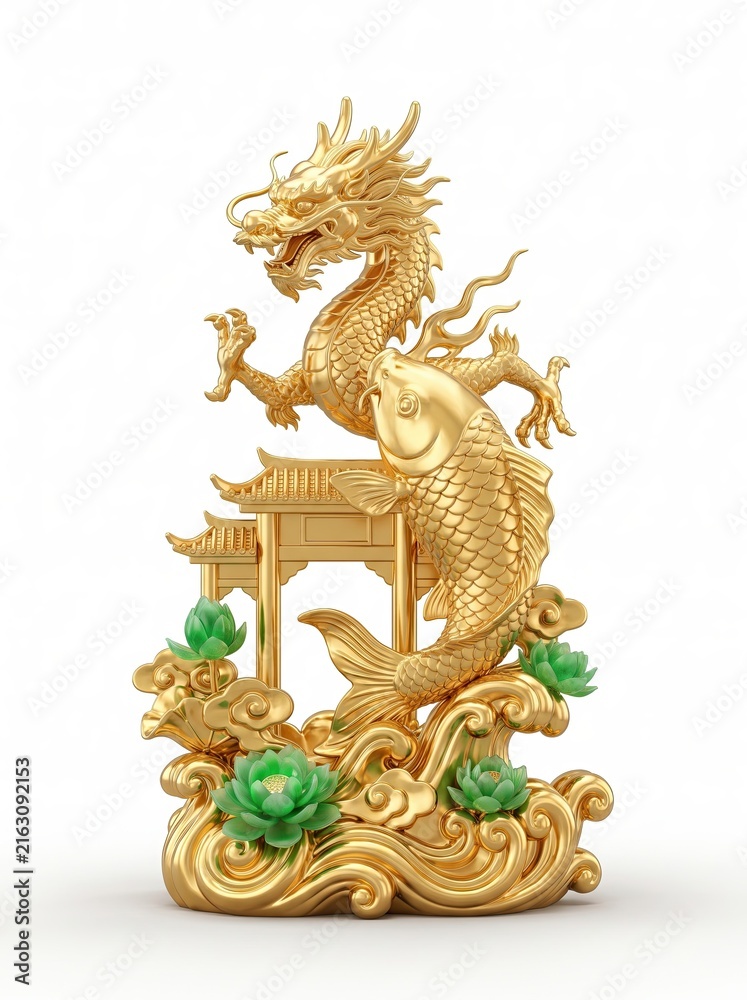 Fototapeta premium This spectacular golden emerald jade feng shui sculpture depicts elegant koi fish transforming into a powerful dragon leaping over traditional gates for career and success