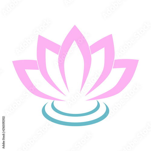 Pink lotus blossom resting above a pair of teal curved concentric rings or water ripples.