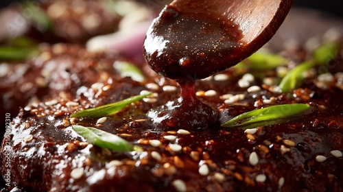 Barbecue glazed steak topped with sesame seeds and green onions.