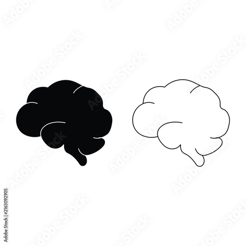 Brain vector icon set isolated on white background. Human brain silhouette and line outline sign for psychology, logic, idea, and mental health logo.