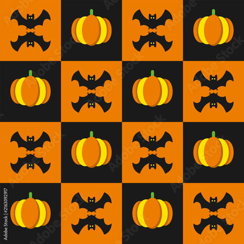 Halloween seamless pattern with holiday symbols. Staggered checkerboard layout with pumpkin, bat icons. Simple geometric style