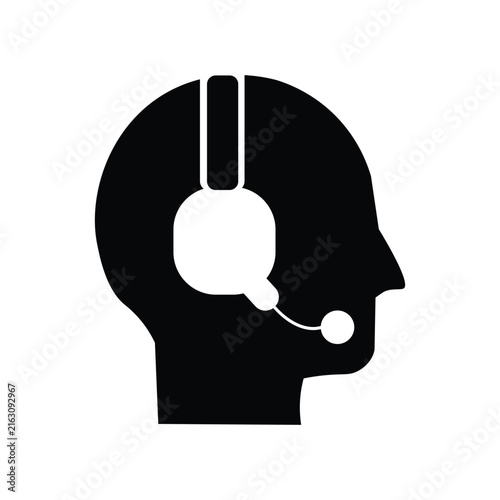 Customer service agent icon with headset. Black head silhouette wearing headphone for call center, support, operator, and communication concept