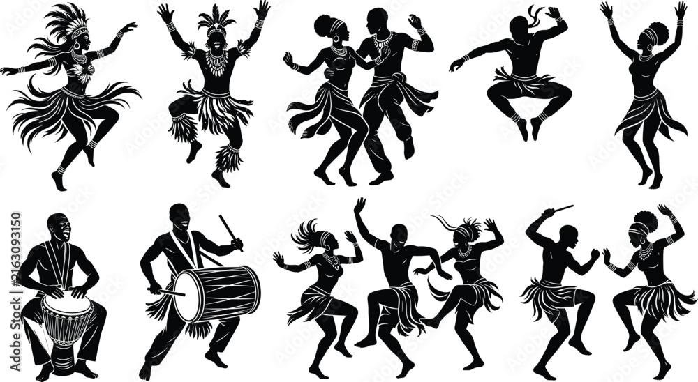 Obraz premium Tribal Dance Silhouette Vector Bundle Featuring Traditional Dancers Drummers Cultural Performance and Folk Festival Clipart Collection