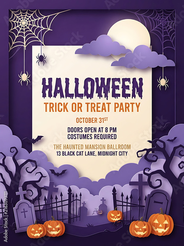 Halloween trick or treat party flyer with pumpkins and moon background