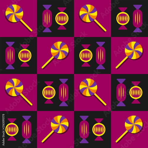 Halloween seamless pattern with holiday sweets. Staggered checkerboard layout. Simple geometric flat style