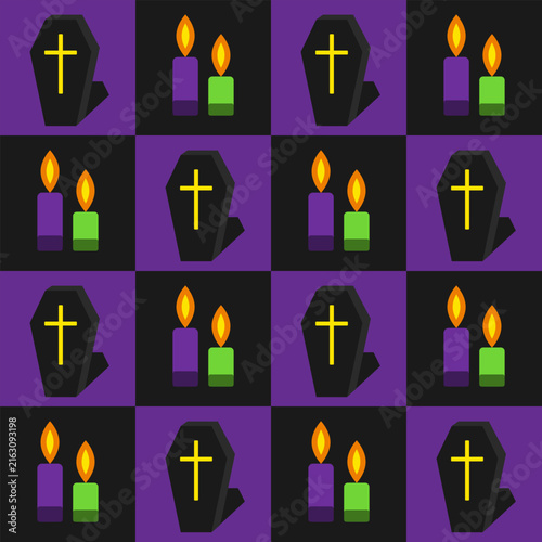 Halloween seamless pattern with upright standing coffin, burning candles. Staggered checkerboard layout. Simple geometric flat style