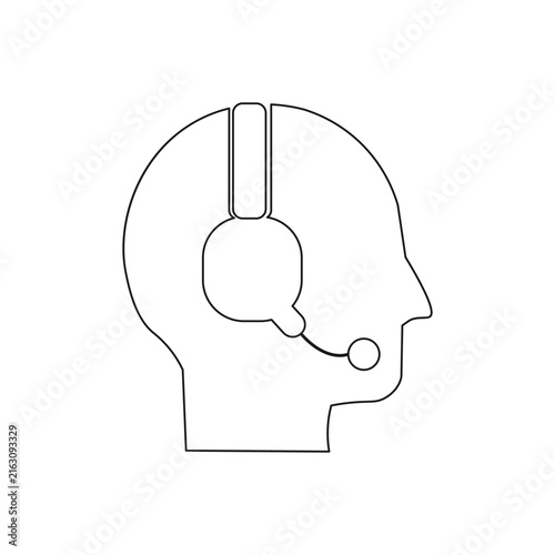 Minimalist customer service vector line icon. Outline head silhouette with headset for call center, contact us, support desk, and communication