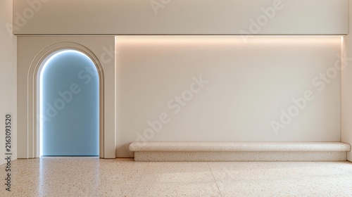 Minimalist interior space with arched doorway and built in bench under warm lighting