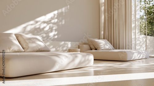 Minimalist living room with beige sofas and natural light casting leaf shadows on walls