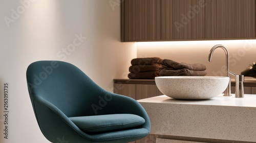 Modern bathroom with teal chair and stone sink under warm lighting