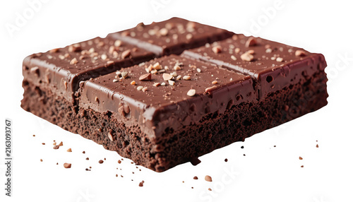 Delicious chocolate brownie square with frosting isolated on transparent background