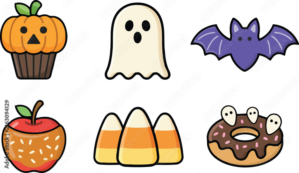 Fototapeta premium Whimsical Halloween treats including a pumpkin cupcake ghost bat candy corn and donut in a playful arrangement on a white background