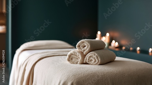 Three rolled towels on a massage table with candles in the background