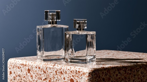 Two clear glass perfume bottles on a terrazzo surface against a dark blue background