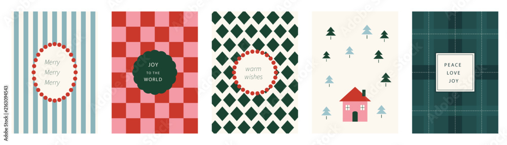 Fototapeta premium Abstract Christmas A4 poster background set with festive shapes, seasonal colors, decorative elements and modern holiday compositions vector collection