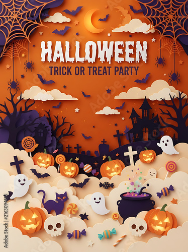 Happy halloween party with kids and pumpkins under a moonlit sky
