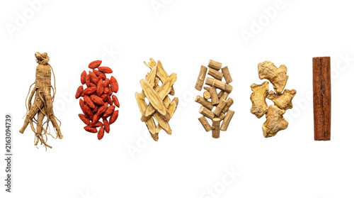 Set of dried traditional chinese medicinal herbs including ginseng goji berries and roots for healthy tea and remedies