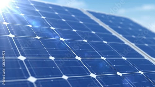 Close-up shot of a photovoltaic solar panel system capturing sunlight for renewable energy generation on a clear day