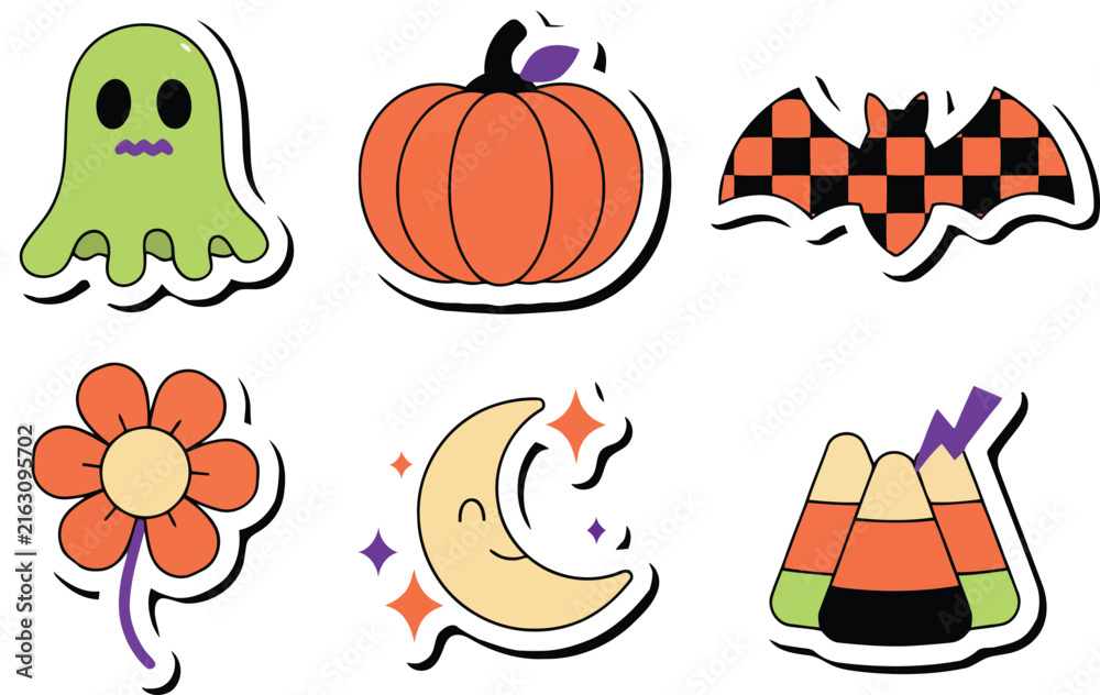 Fototapeta premium Happy Halloween icons of a ghost pumpkin bat flower moon and candy corn with a whimsical retro style