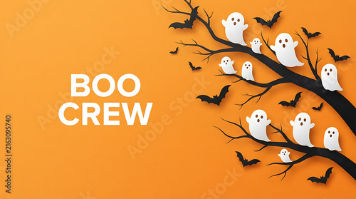Creative halloween decoration with white owl figures on orange background