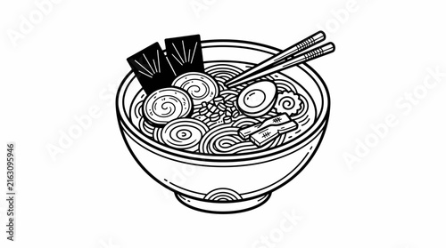 Noodle soup bowl with chopsticks and toppings line art illustration