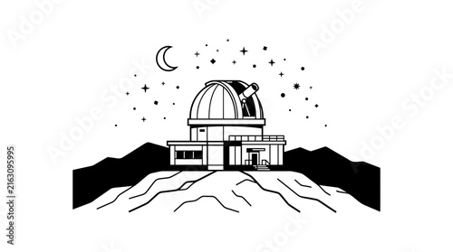 Observatory building under night sky with stars and moon