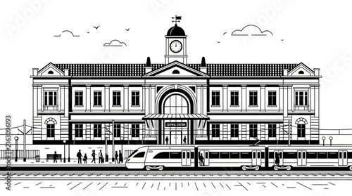 Public building and transportation illustration with clock tower and modern train