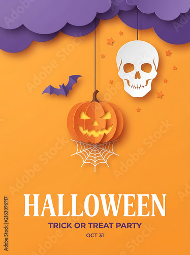 Halloween-themed vector illustration with jack o lantern, bat, ghost, and skull icons on orange background