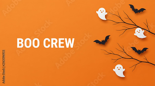 Three black birds flying over orange background with boo crew text