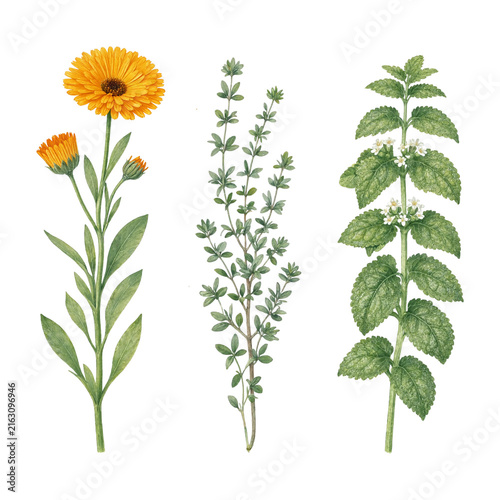 Watercolor calendula, thyme, and lemon balm medicinal herbs isolated on transparent background.
