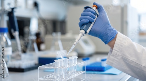 A scientist in a lab coat and blue gloves uses a micropipette to transfer liquid into test tubes