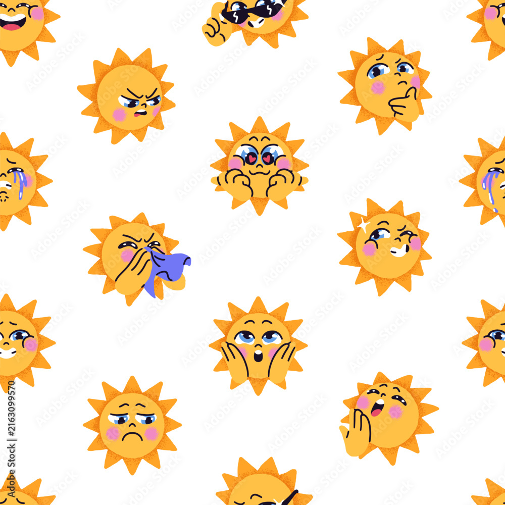 Fototapeta premium Repeatable pattern of cartoon sun with different emotions on face. Endless background of angry, happy, sad, shocked, smiling, crying and thinking kids' character. Flat seamless vector illustration