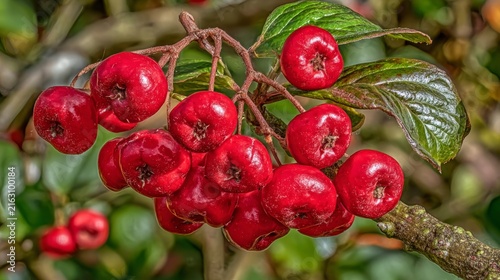Bright Red Fruits on Branch Against Lush Green Foliage Background